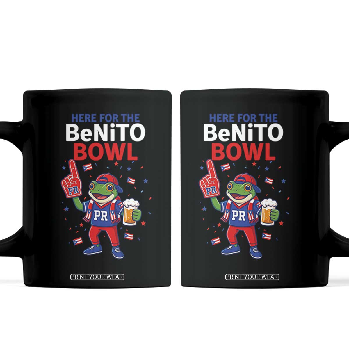 Funny Benito Bowl Puerto Rican Football Coffee Mug Coquí Frog Music Fan with Beer and Foam Finger TS02 Black Print Your Wear