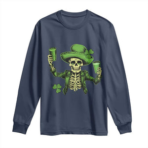 Funny St Patricks Day Drinking Skeleton Long Sleeve Shirt for Beer Lover Alcoholic TS02 Navy Print Your Wear