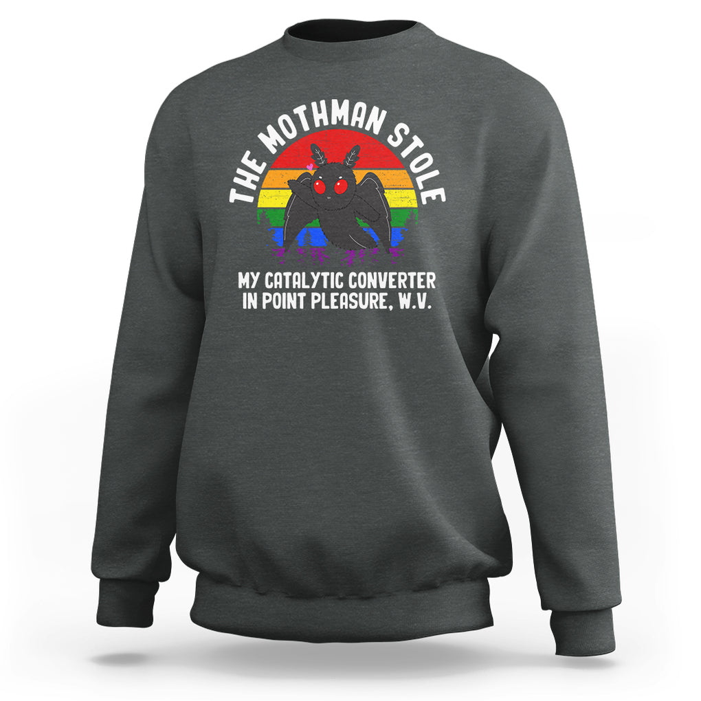 Funny Mothman Sweatshirt The Mothman Stole My Catalytic Converter In Point Cryptid TS02 Dark Heather Printyourwear