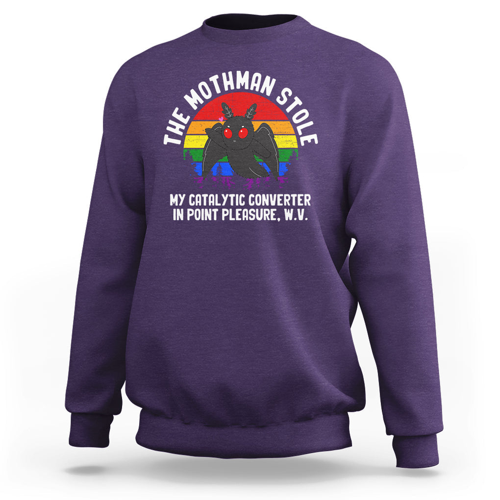 Funny Mothman Sweatshirt The Mothman Stole My Catalytic Converter In Point Cryptid TS02 Purple Printyourwear