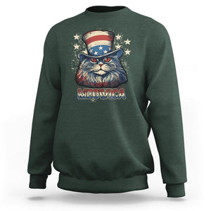 Patriotic American Cat Sweatshirt Meowica With Uncle Sam Hat US Flag 4th of July TS02 Dark Forest Green Print Your Wear