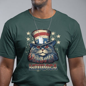 Patriotic American Cat T Shirt Meowica With Uncle Sam Hat US Flag 4th of July TS02 Dark Forest Green Print Your Wear