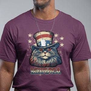 Patriotic American Cat T Shirt Meowica With Uncle Sam Hat US Flag 4th of July TS02 Maroon Print Your Wear