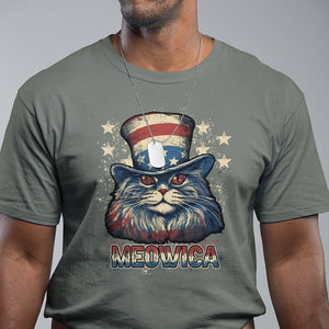 Patriotic American Cat T Shirt Meowica With Uncle Sam Hat US Flag 4th of July TS02 Military Green Print Your Wear