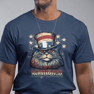 Patriotic American Cat T Shirt Meowica With Uncle Sam Hat US Flag 4th of July TS02 Navy Print Your Wear