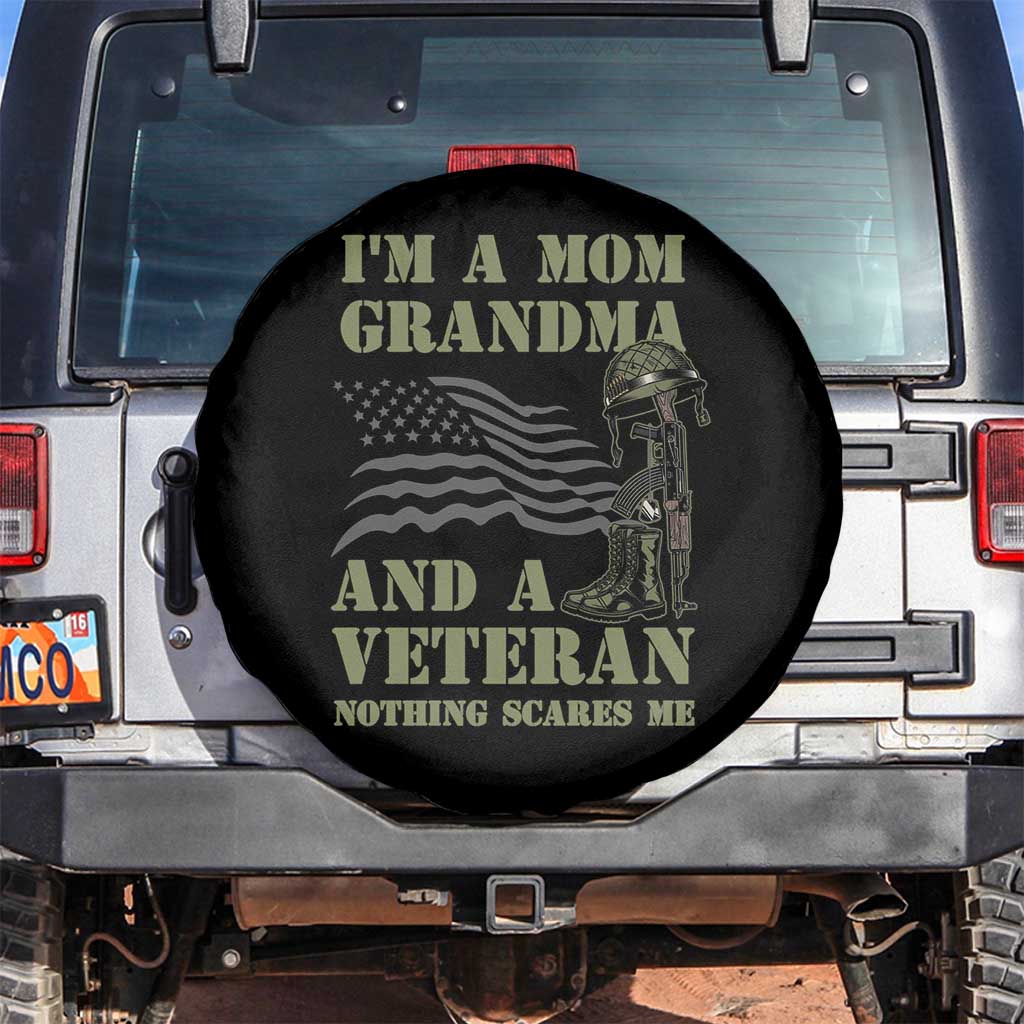 Female Veteran Spare Tire Cover I'm A Mom Grandma And A Veteran Nothing Scares Me TS02 No hole Black Print Your Wear