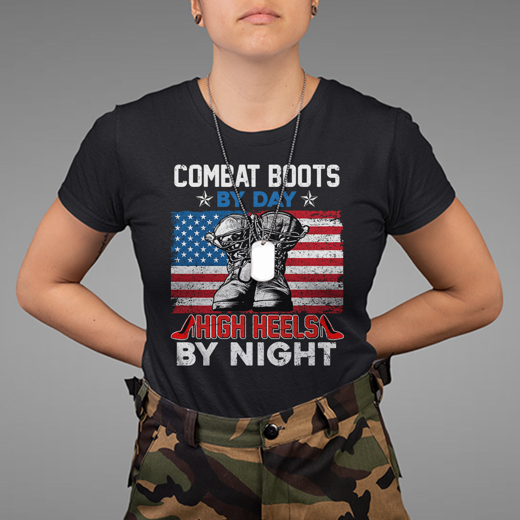 Funny Women Veterans Combat Boots By Day High Heels By Night Dog Tags T Shirt for Female Veteran TS02 Purple Printyourwear