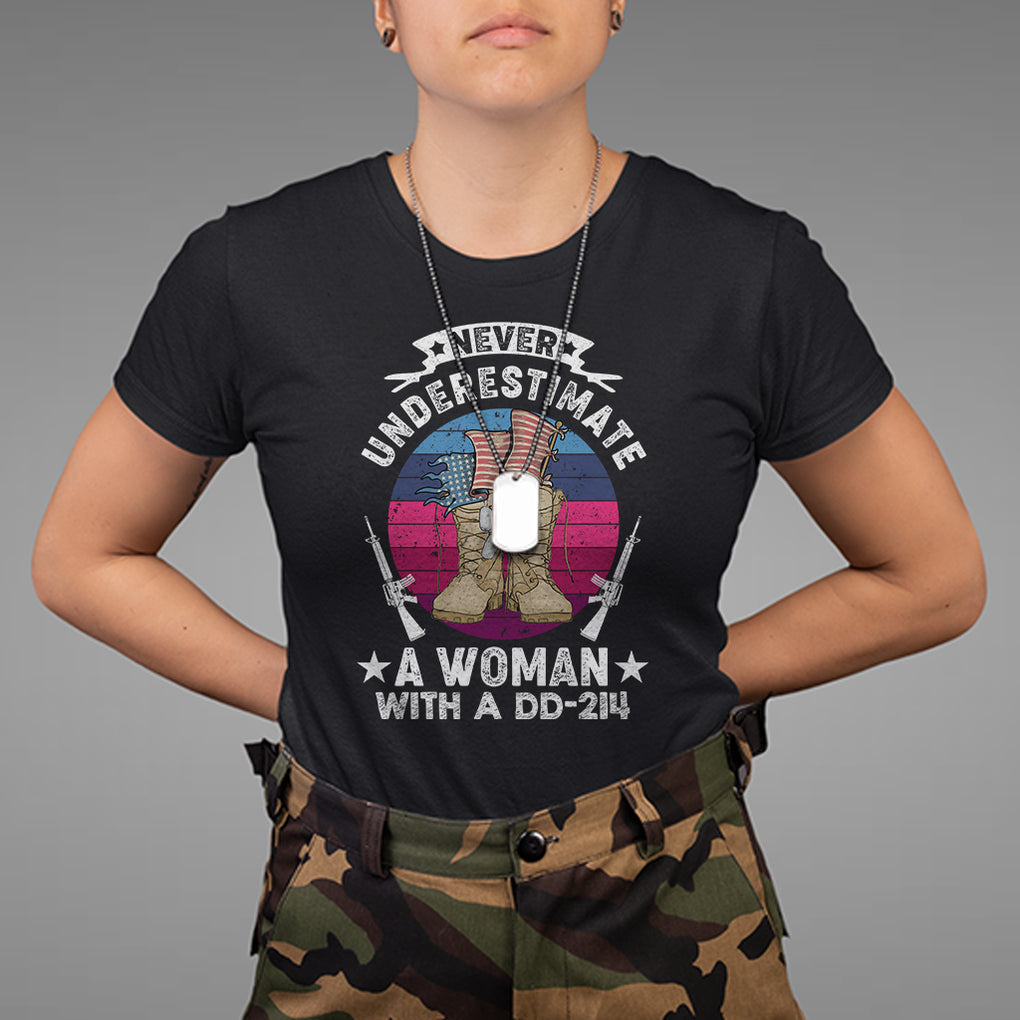 Patriotic Never Underestimate A Woman With DD214 T Shirt for Female Veteran TS02 Purple Printyourwear