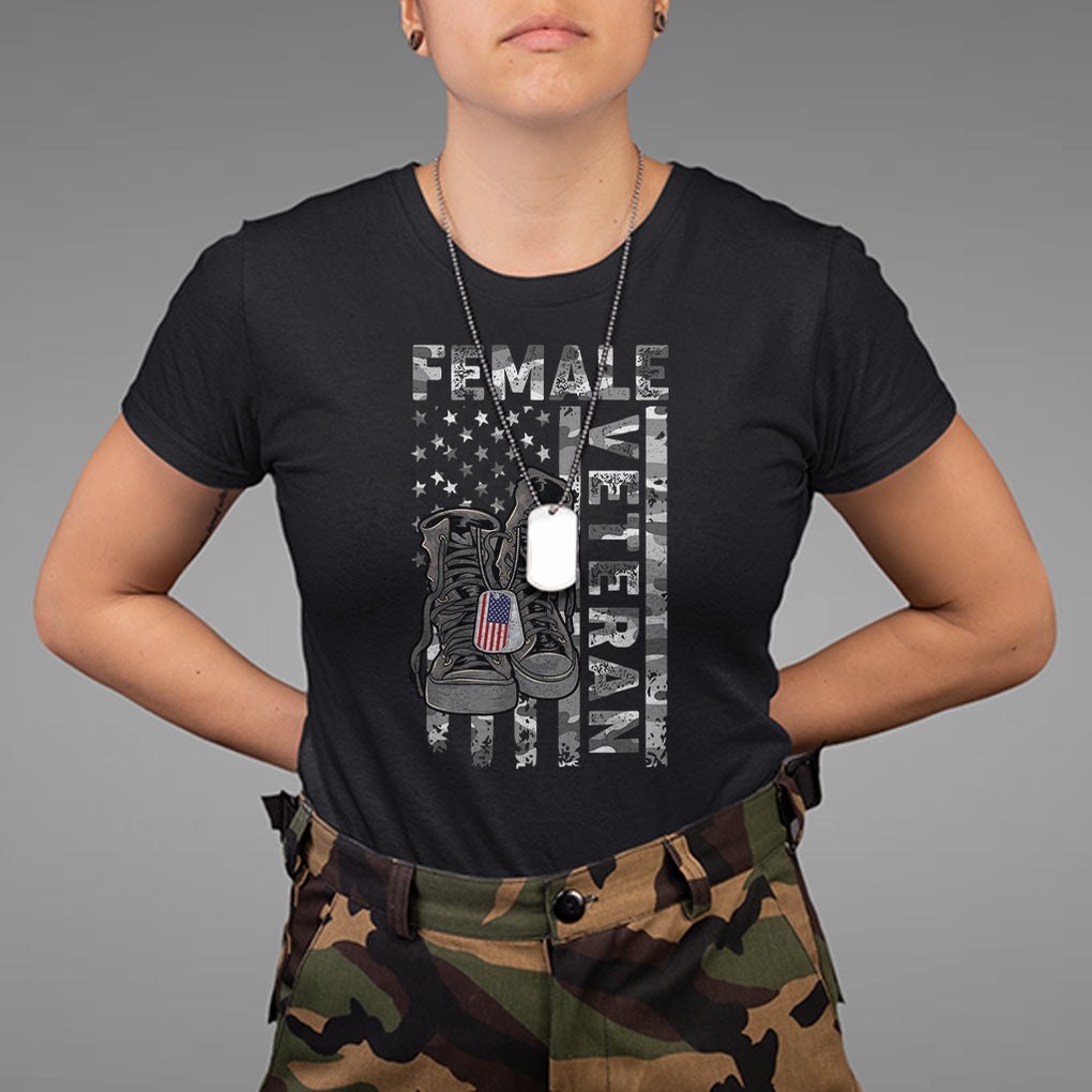 Patriotic Female Veteran Woman Vet Dog Tags Camo American Flag T Shirt for Women Veterans TS02 Purple Printyourwear