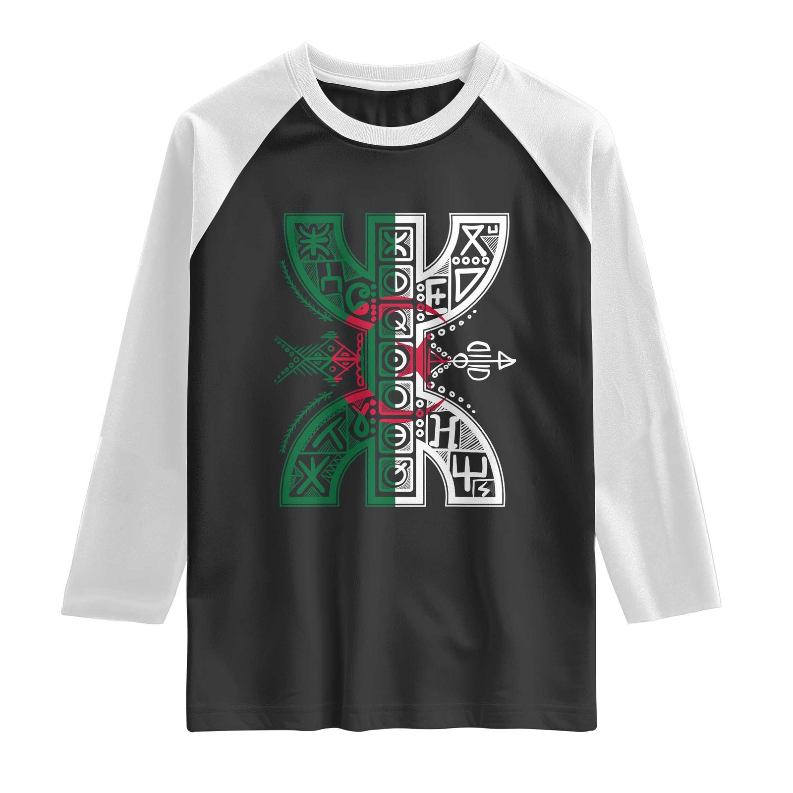 Algeria Amazigh Berber Yaz Symbol Algerian Flag Heritage Graphic Raglan Shirt Traditional North African Tribal Culture Art TS02 Black White Print Your Wear