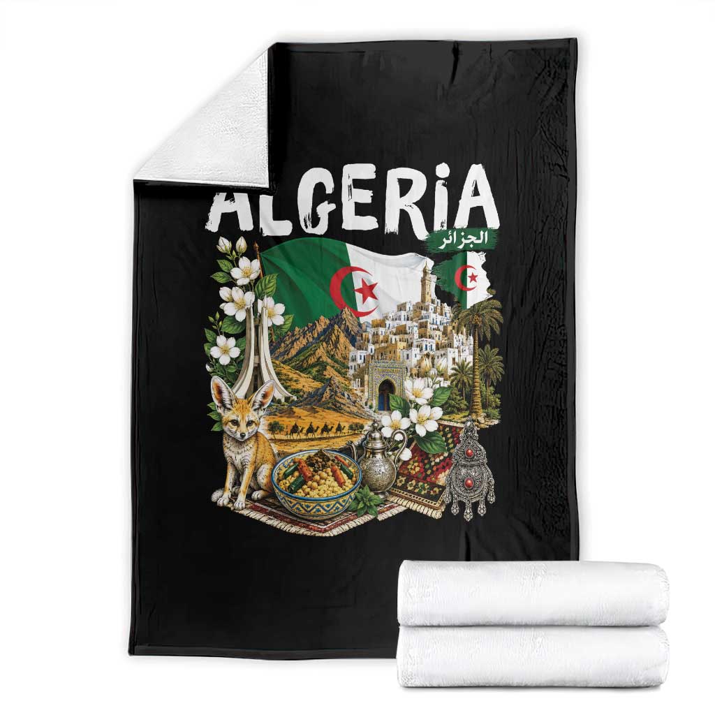 Algeria Algerian Culture and Landmarks Collage Graphic Throw Blanket Proud Fennec Fox Heritage and Arabic Calligraphy TS02 Black Print Your Wear