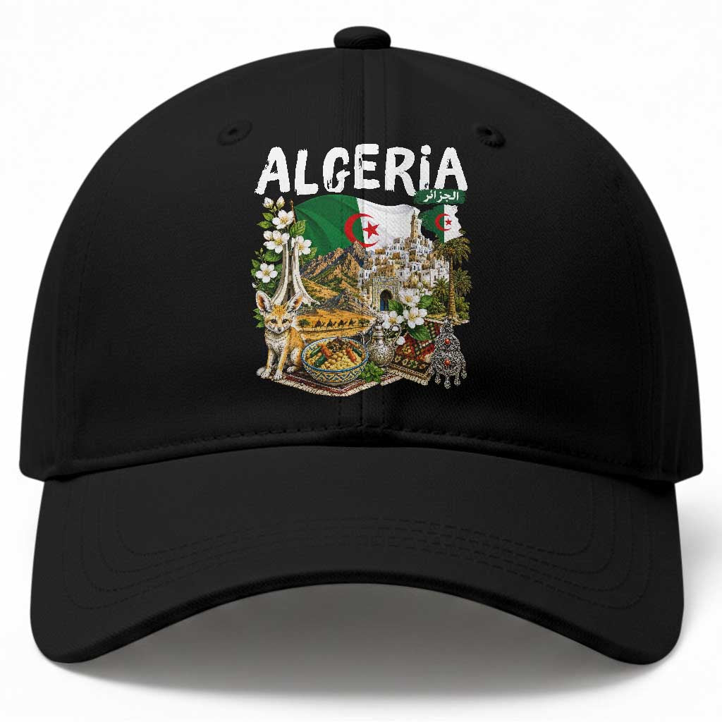 Algeria Algerian Culture and Landmarks Collage Graphic Baseball Cap Proud Fennec Fox Heritage and Arabic Calligraphy TS02 Print Your Wear