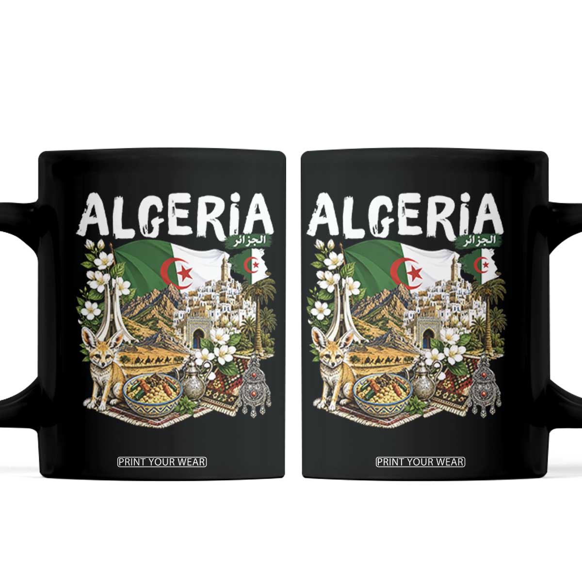 Algeria Algerian Culture and Landmarks Collage Graphic Coffee Mug Proud Fennec Fox Heritage and Arabic Calligraphy TS02 Black Print Your Wear