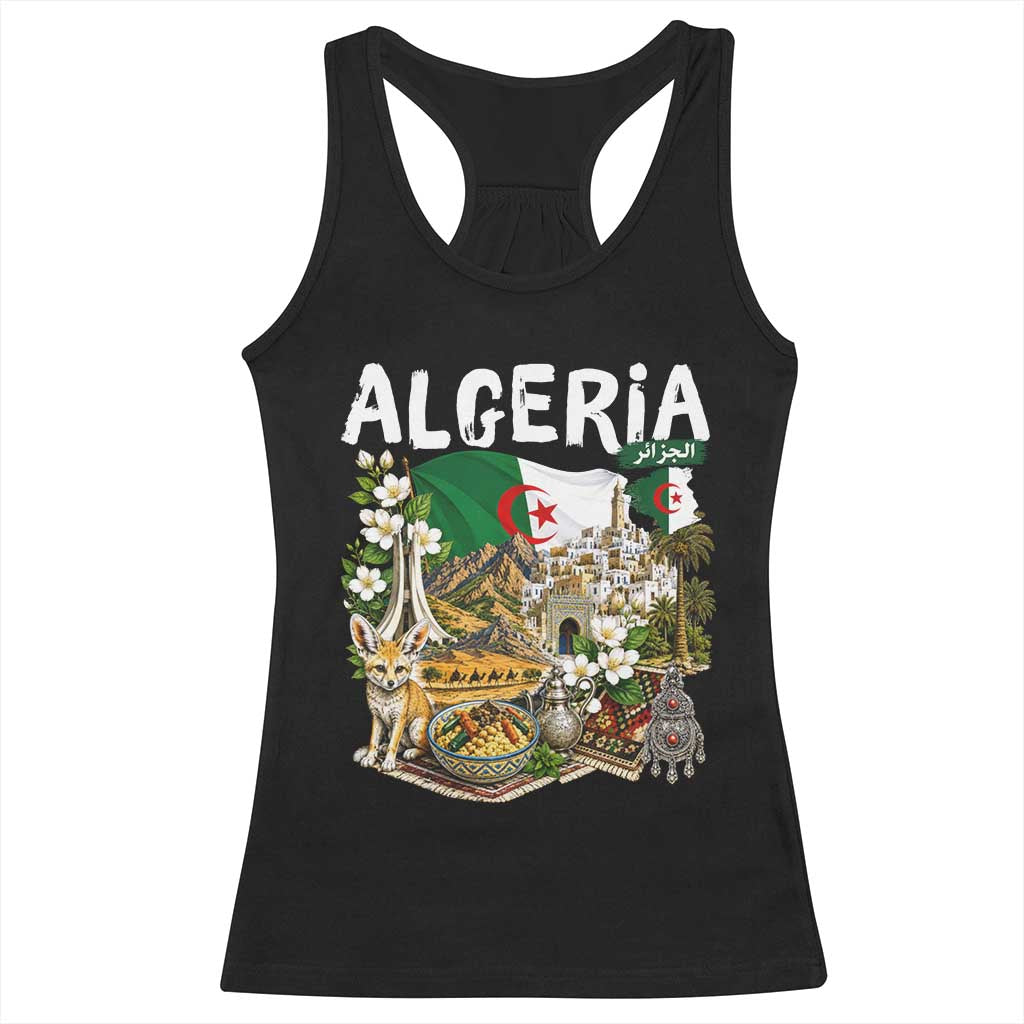 Algeria Algerian Culture and Landmarks Collage Graphic Racerback Tank Top Proud Fennec Fox Heritage and Arabic Calligraphy TS02 Black Print Your Wear