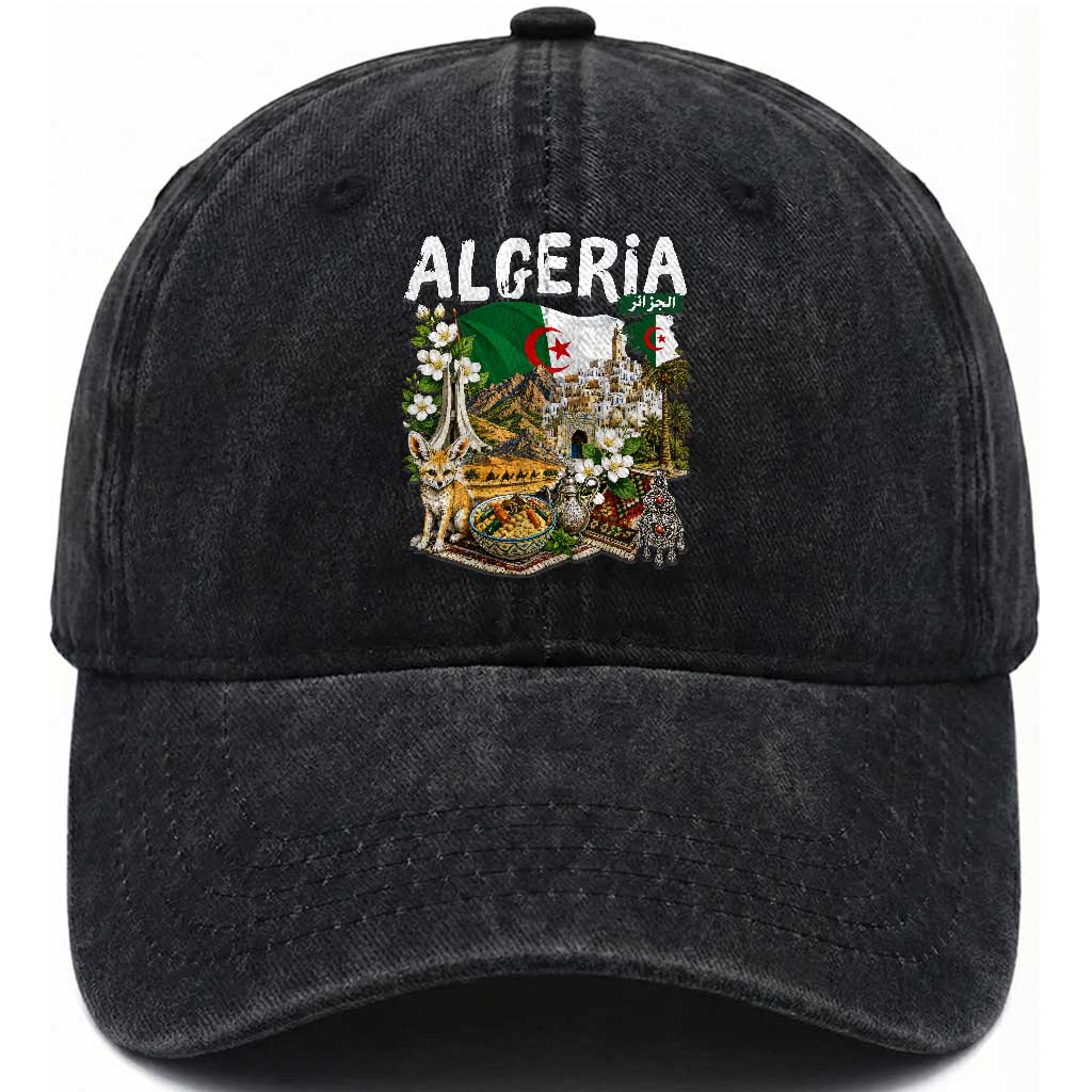 Algeria Algerian Culture and Landmarks Collage Graphic Washed Cotton Baseball Cap Proud Fennec Fox Heritage and Arabic Calligraphy TS02 Print Your Wear