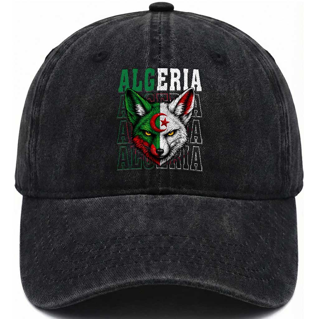 Algerian Fennec Fox Face Algeria National Flag Graphic Washed Cotton Baseball Cap Proud North African Desert Animal TS02 Print Your Wear