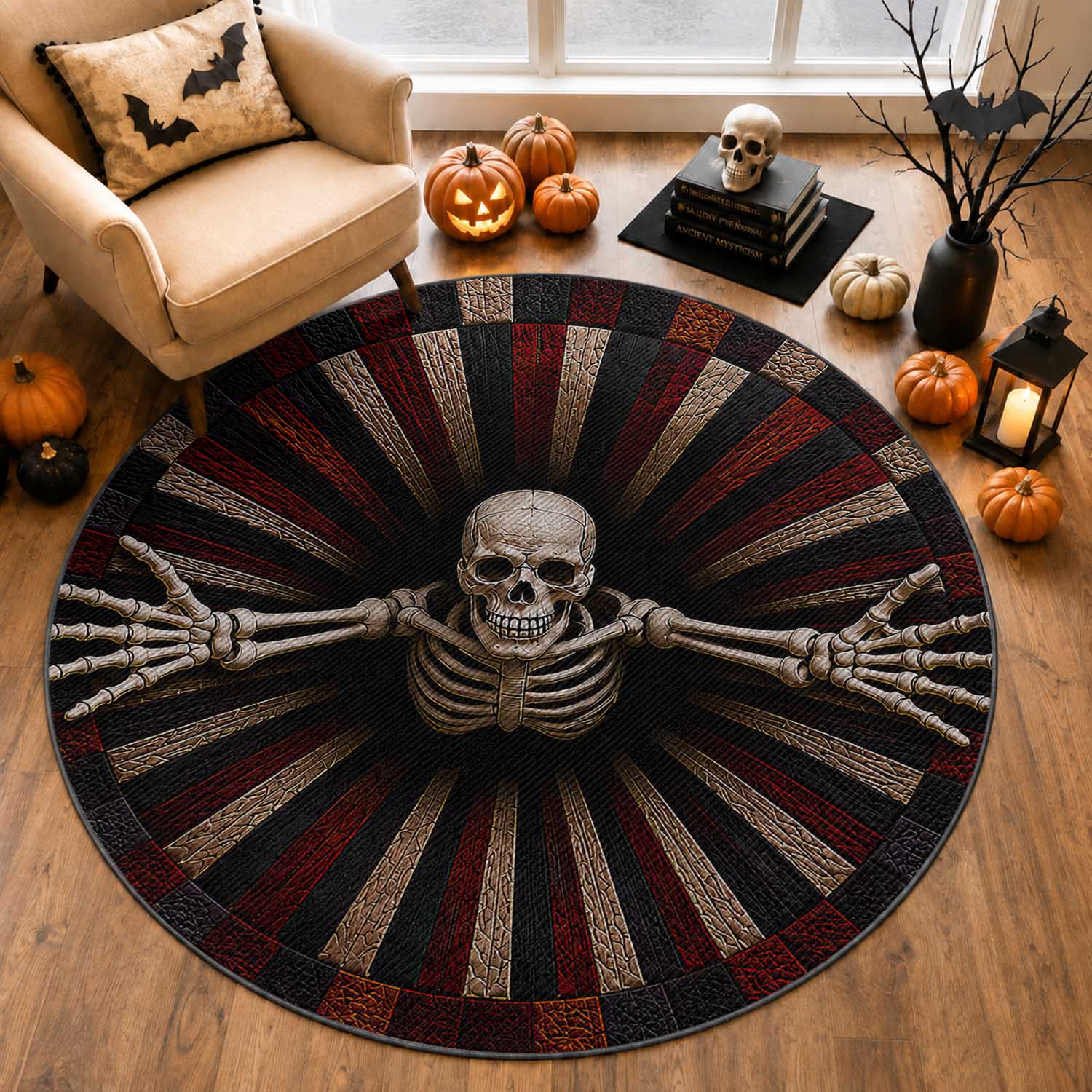 Spooky Skeleton Reaching Out 3D Optical Illusion Round Rug Gothic Horror Halloween Trippy Vortex Graphic