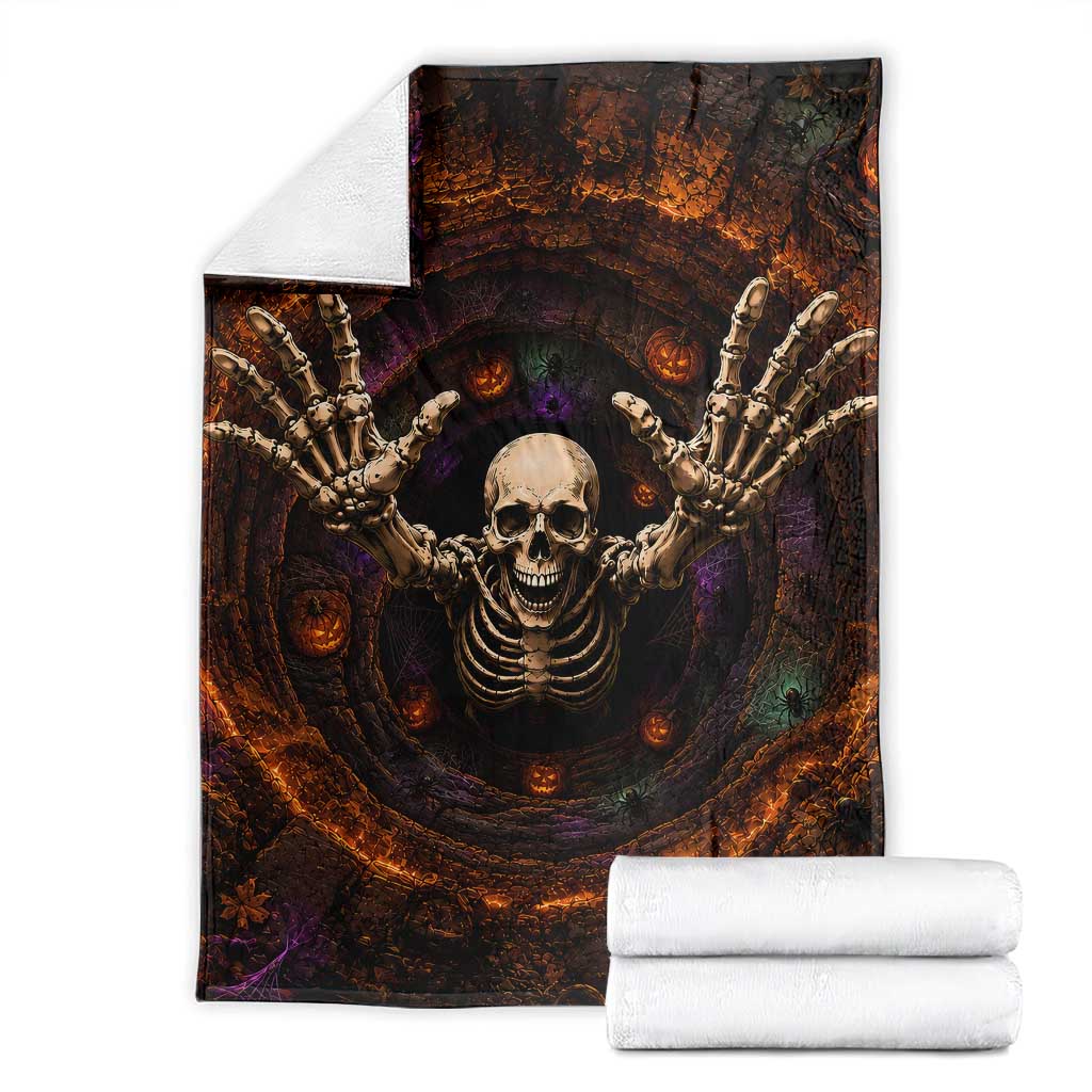 Spooky Skeleton Reaching Out 3D Halloween Optical Illusion Throw Blanket Pumpkin Pit Dark Gothic Horror Graphic