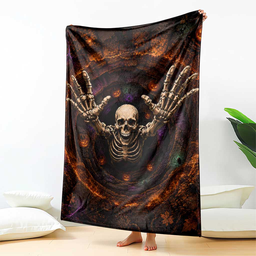 Spooky Skeleton Reaching Out 3D Halloween Optical Illusion Throw Blanket Pumpkin Pit Dark Gothic Horror Graphic