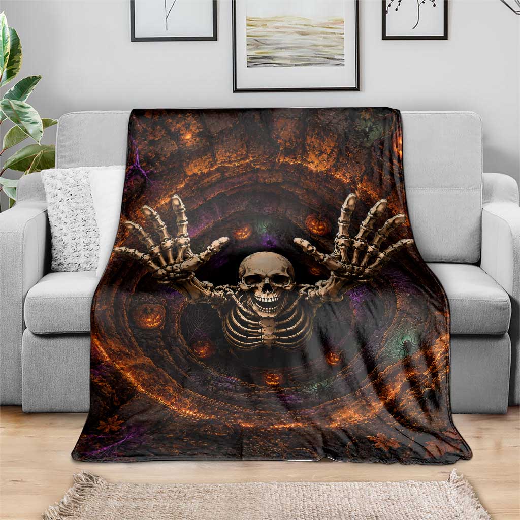 Spooky Skeleton Reaching Out 3D Halloween Optical Illusion Throw Blanket Pumpkin Pit Dark Gothic Horror Graphic