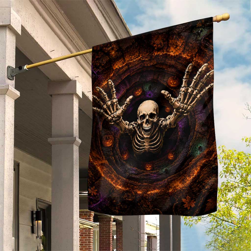 Spooky Skeleton Reaching Out 3D Halloween Optical Illusion Garden Flag Pumpkin Pit Dark Gothic Horror Graphic