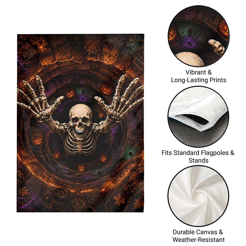 Spooky Skeleton Reaching Out 3D Halloween Optical Illusion Garden Flag Pumpkin Pit Dark Gothic Horror Graphic