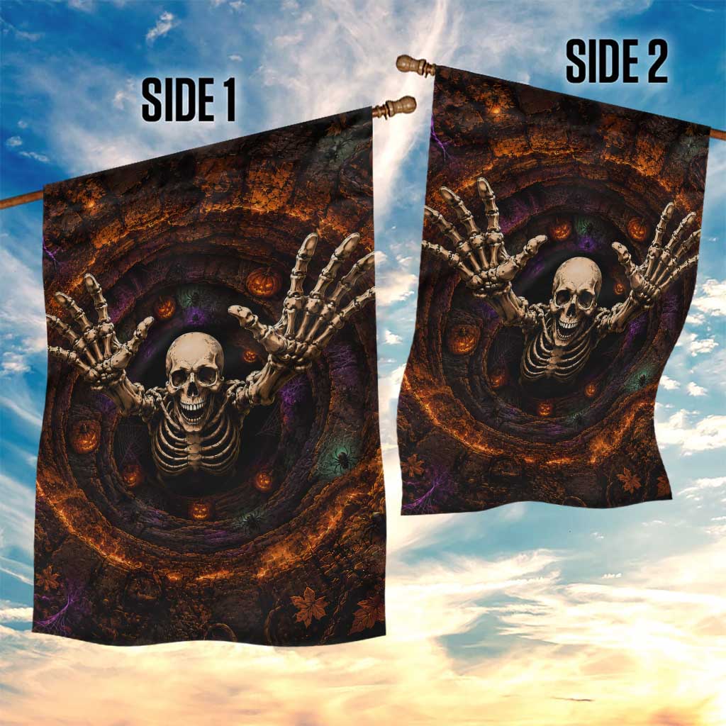Spooky Skeleton Reaching Out 3D Halloween Optical Illusion Garden Flag Pumpkin Pit Dark Gothic Horror Graphic