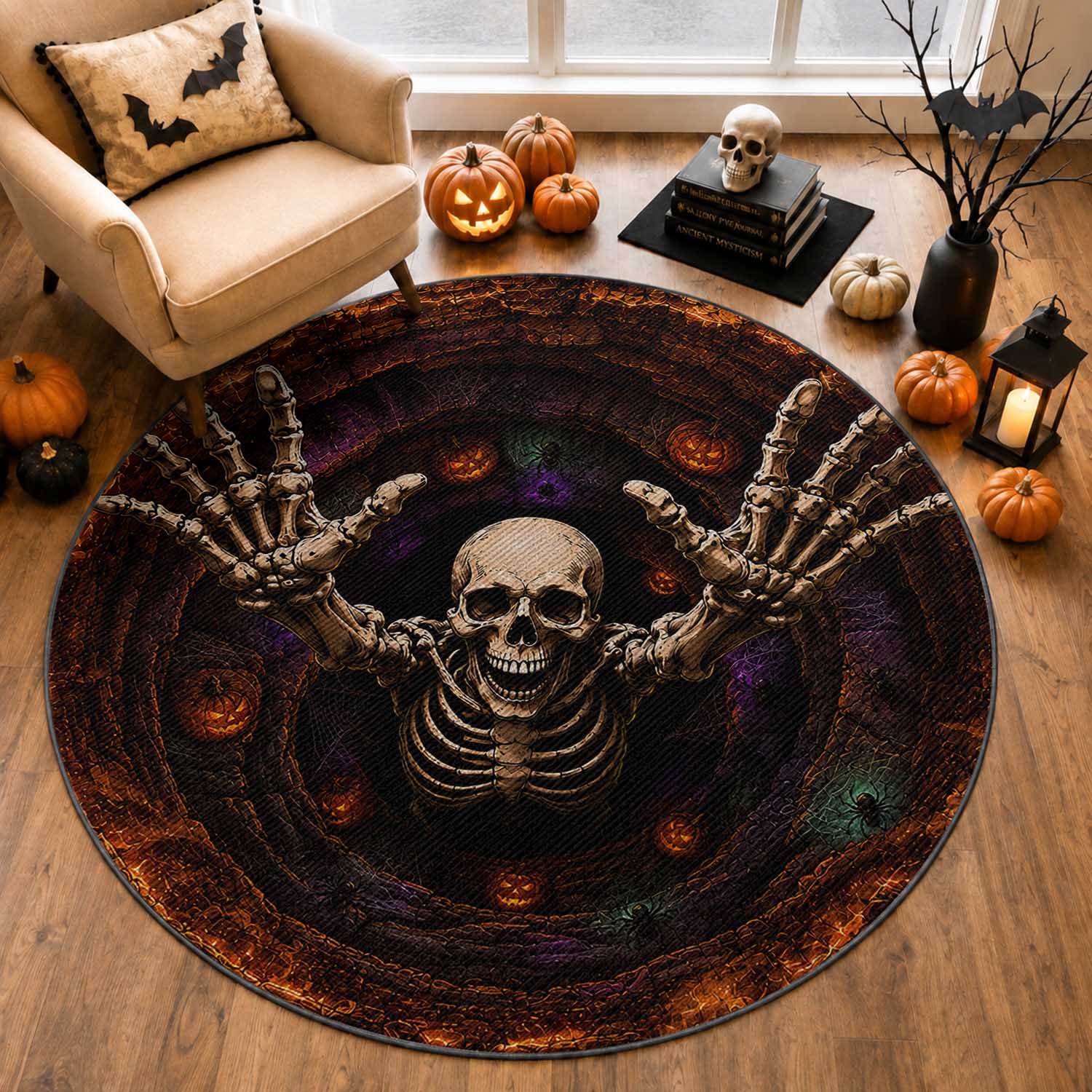 Spooky Skeleton Reaching Out 3D Halloween Optical Illusion Round Rug Pumpkin Pit Dark Gothic Horror Graphic
