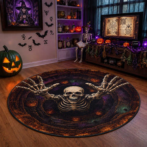 Spooky Skeleton Reaching Out 3D Halloween Optical Illusion Round Rug Pumpkin Pit Dark Gothic Horror Graphic