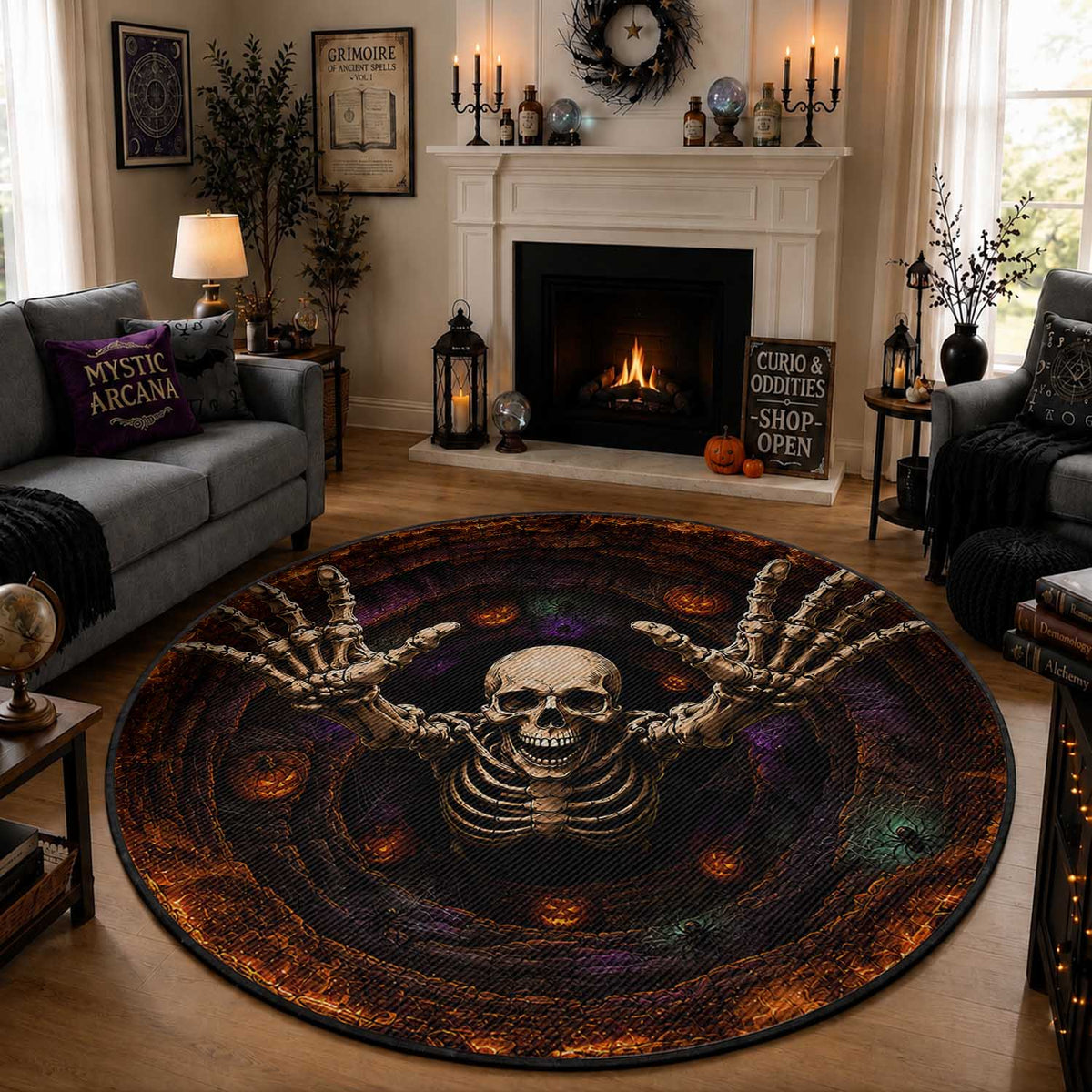 Spooky Skeleton Reaching Out 3D Halloween Optical Illusion Round Rug Pumpkin Pit Dark Gothic Horror Graphic