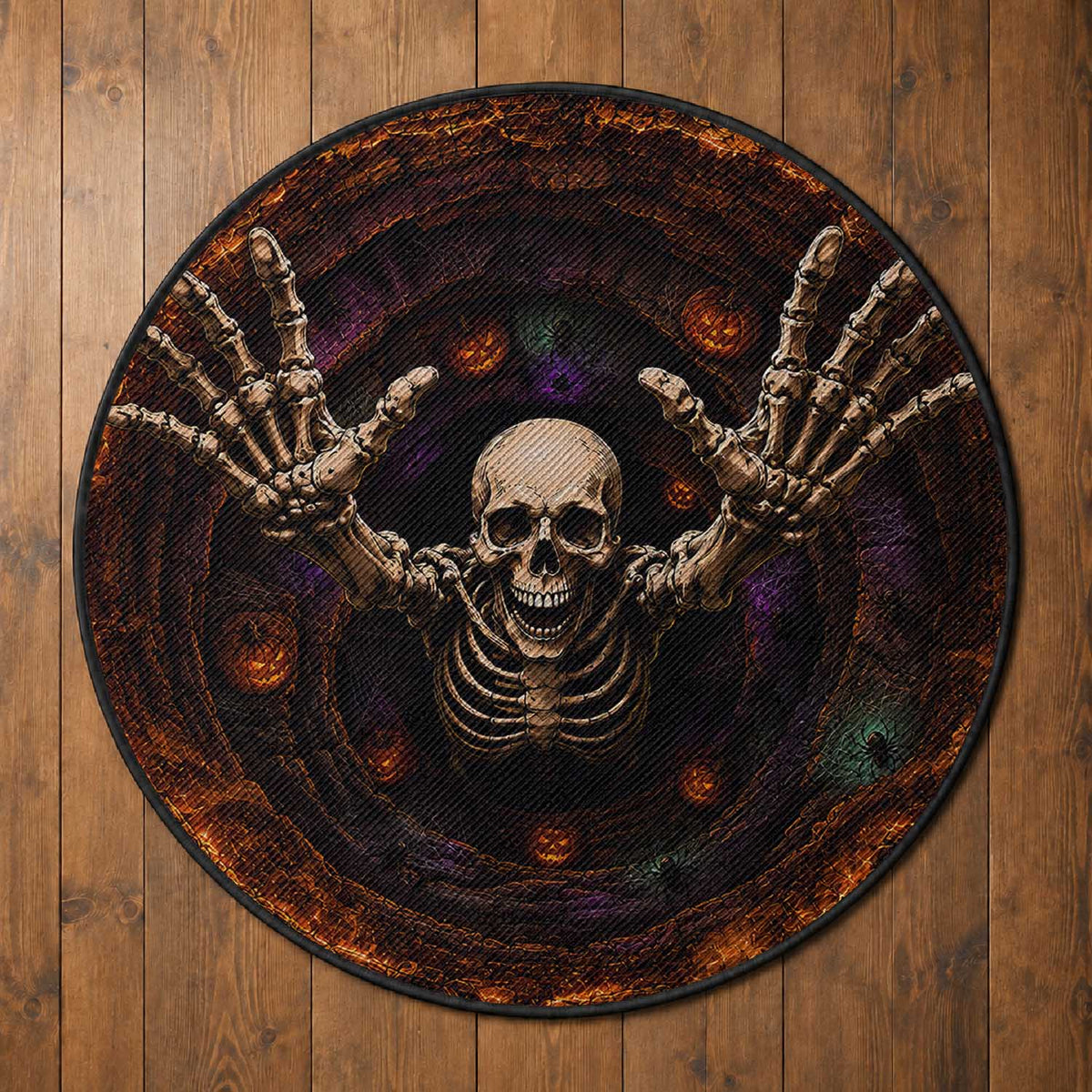 Spooky Skeleton Reaching Out 3D Halloween Optical Illusion Round Rug Pumpkin Pit Dark Gothic Horror Graphic