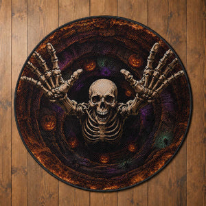 Spooky Skeleton Reaching Out 3D Halloween Optical Illusion Round Rug Pumpkin Pit Dark Gothic Horror Graphic