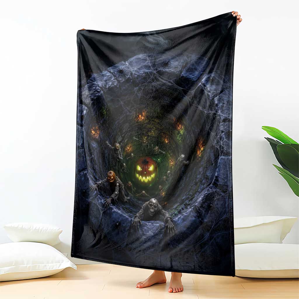 Scary Skeleton Zombie Crawling Out Stone Well Pit 3D Optical Illusion Throw Blanket