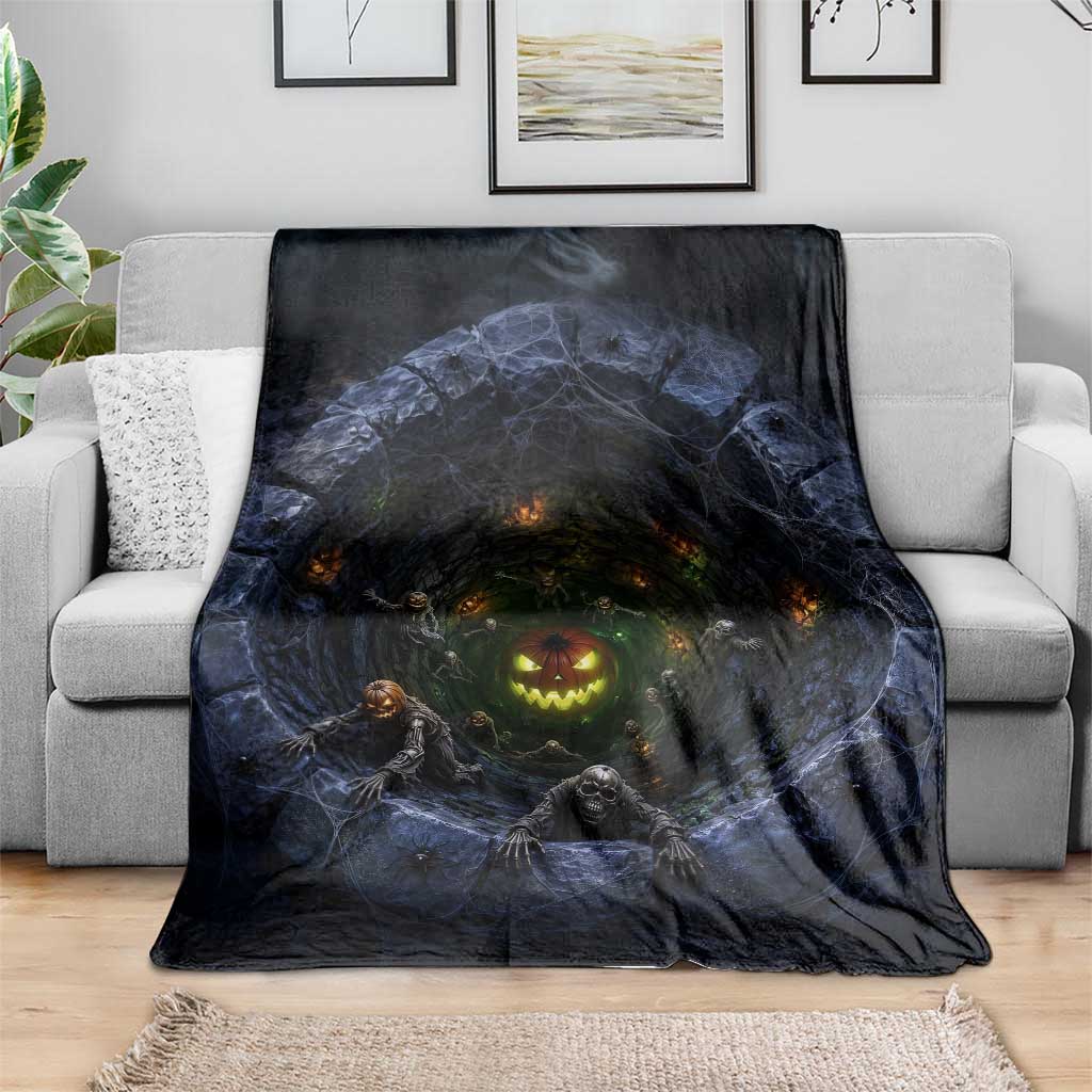 Scary Skeleton Zombie Crawling Out Stone Well Pit 3D Optical Illusion Throw Blanket