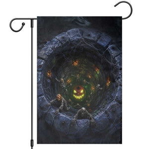 Scary Skeleton Zombie Crawling Out Stone Well Pit 3D Optical Illusion Garden Flag