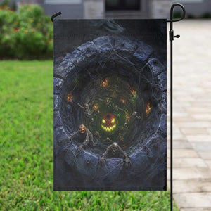 Scary Skeleton Zombie Crawling Out Stone Well Pit 3D Optical Illusion Garden Flag