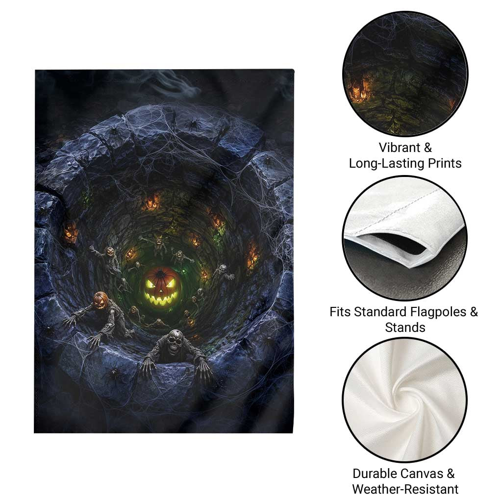 Scary Skeleton Zombie Crawling Out Stone Well Pit 3D Optical Illusion Garden Flag