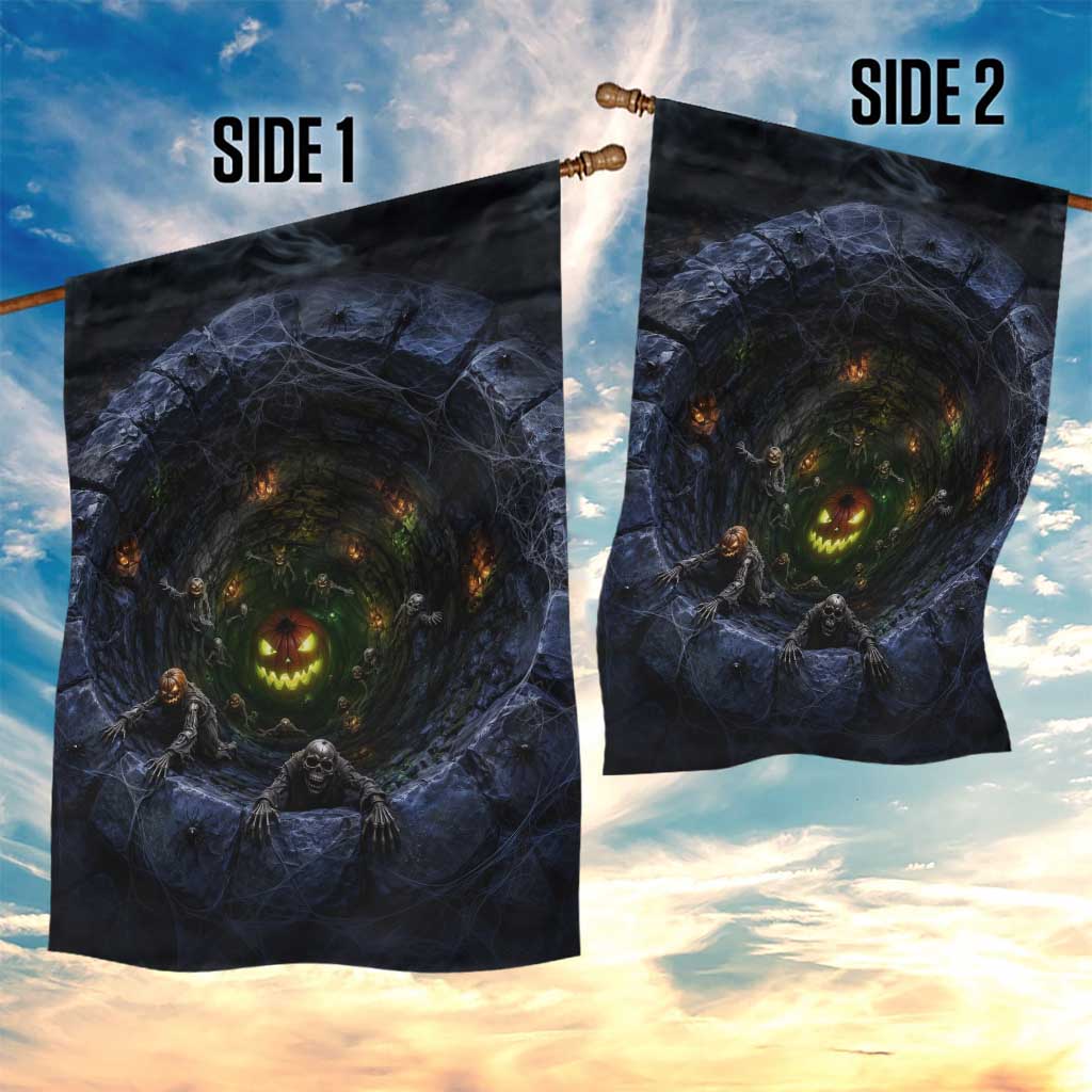 Scary Skeleton Zombie Crawling Out Stone Well Pit 3D Optical Illusion Garden Flag