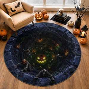 Scary Skeleton Zombie Crawling Out Stone Well Pit 3D Optical Illusion Round Rug