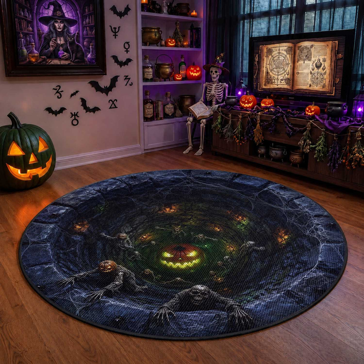 Scary Skeleton Zombie Crawling Out Stone Well Pit 3D Optical Illusion Round Rug