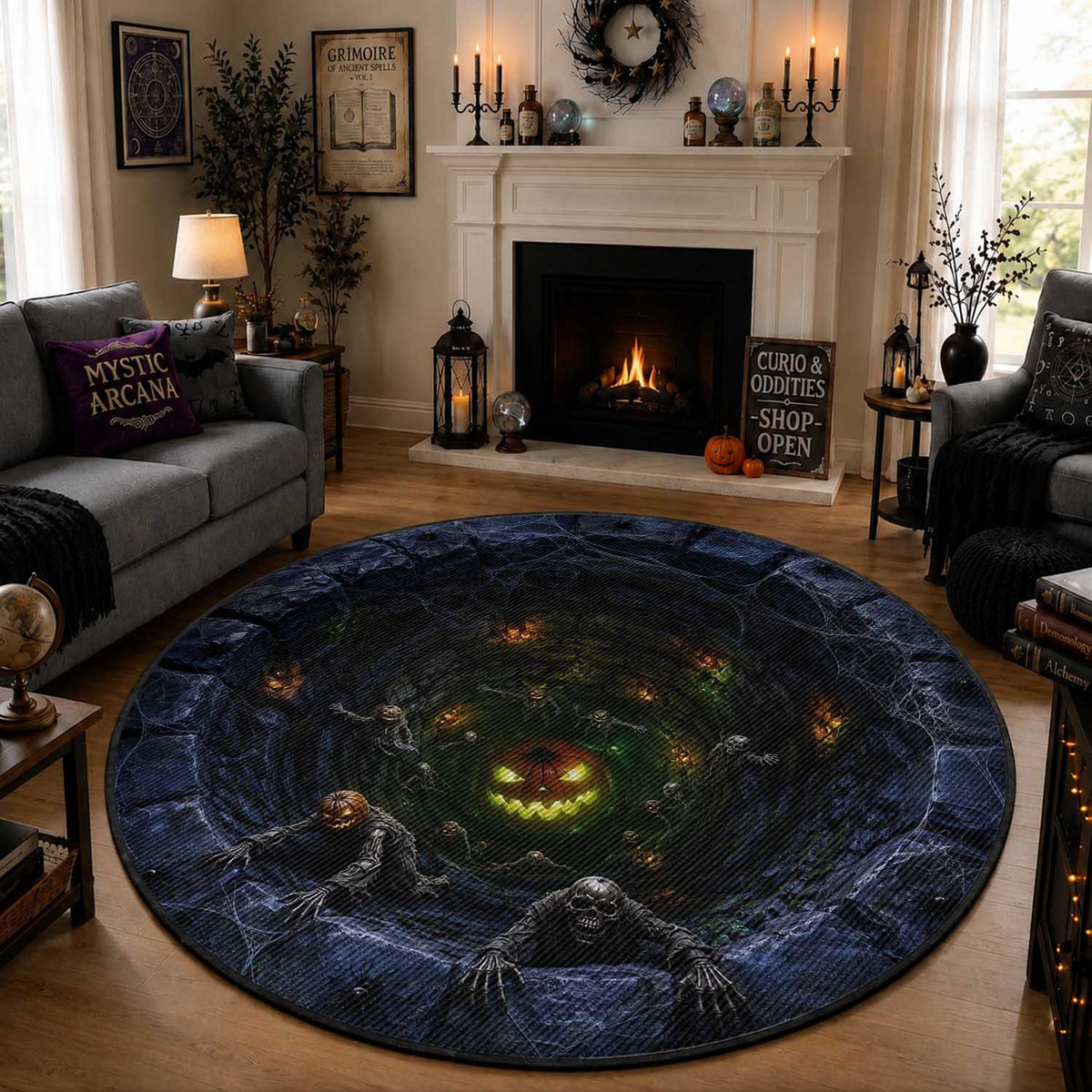 Scary Skeleton Zombie Crawling Out Stone Well Pit 3D Optical Illusion Round Rug