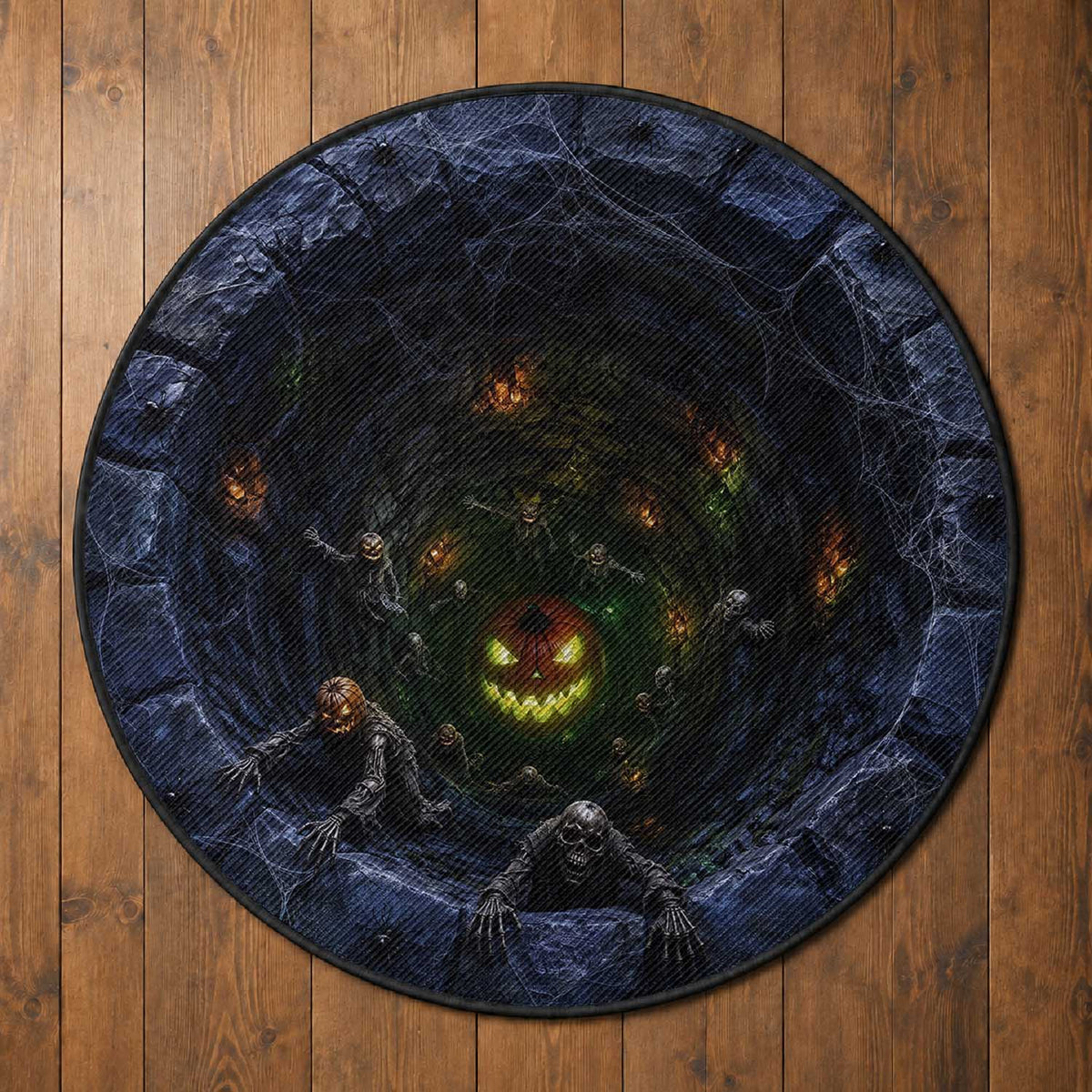 Scary Skeleton Zombie Crawling Out Stone Well Pit 3D Optical Illusion Round Rug