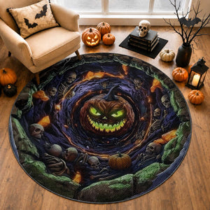 Evil Pumpkin Skull Pit Dark Fantasy 3D Halloween Optical Illusion Round Rug