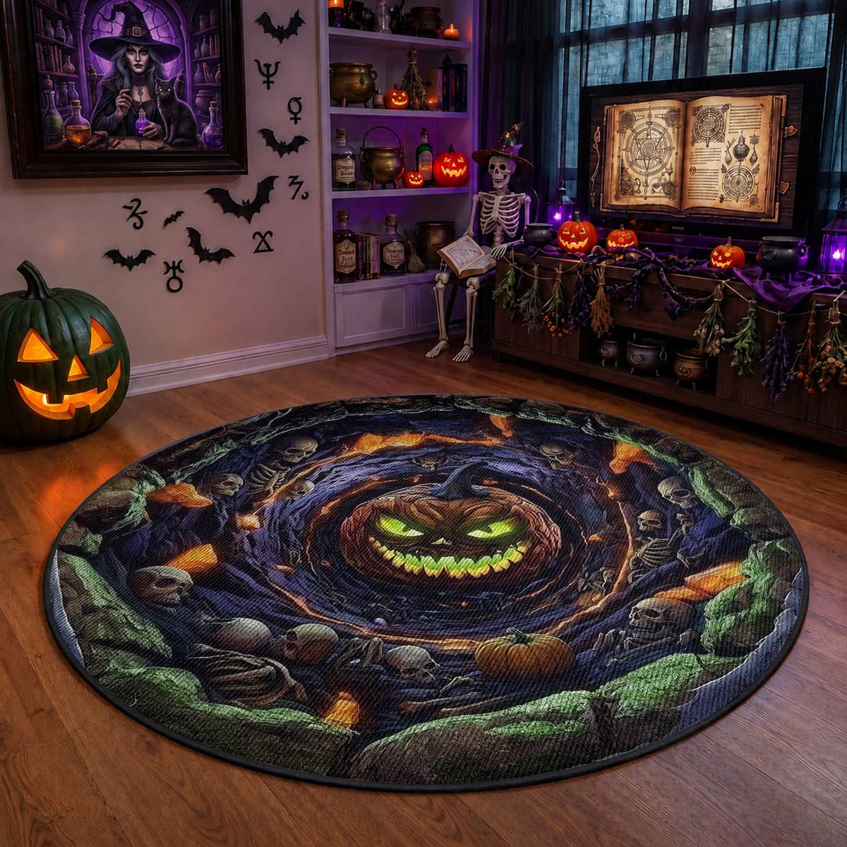 Evil Pumpkin Skull Pit Dark Fantasy 3D Halloween Optical Illusion Round Rug