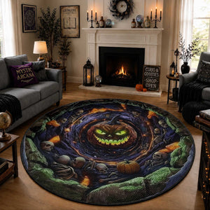 Evil Pumpkin Skull Pit Dark Fantasy 3D Halloween Optical Illusion Round Rug