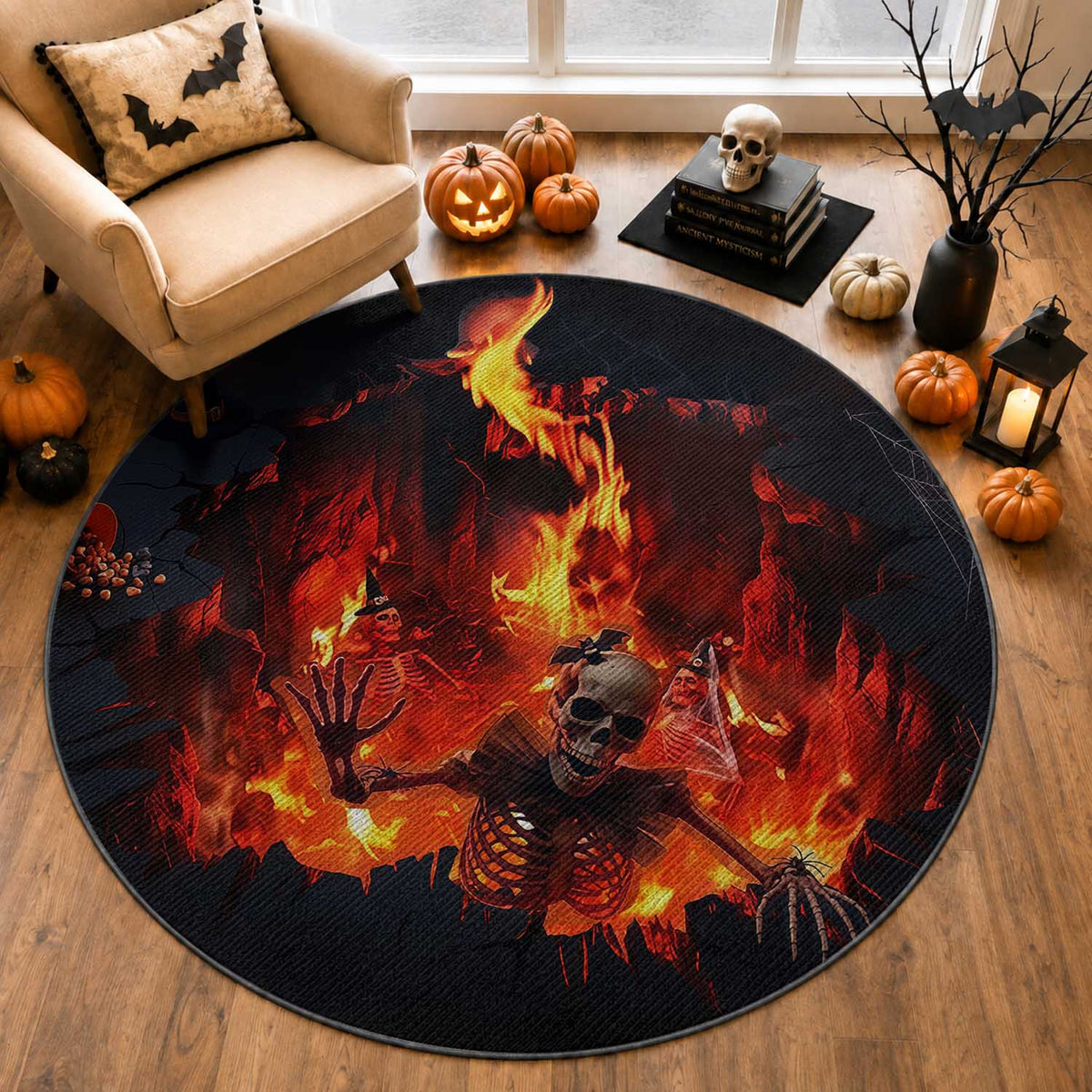 Skeleton Hello From Fiery Hell Pit 3D Halloween Optical Illusion Round Rug