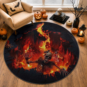 Skeleton Hello From Fiery Hell Pit 3D Halloween Optical Illusion Round Rug