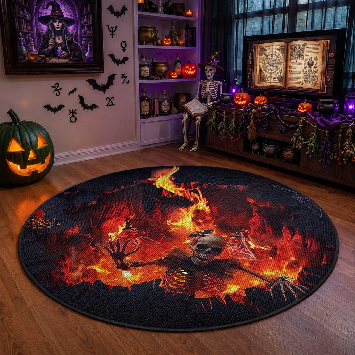 Skeleton Hello From Fiery Hell Pit 3D Halloween Optical Illusion Round Rug