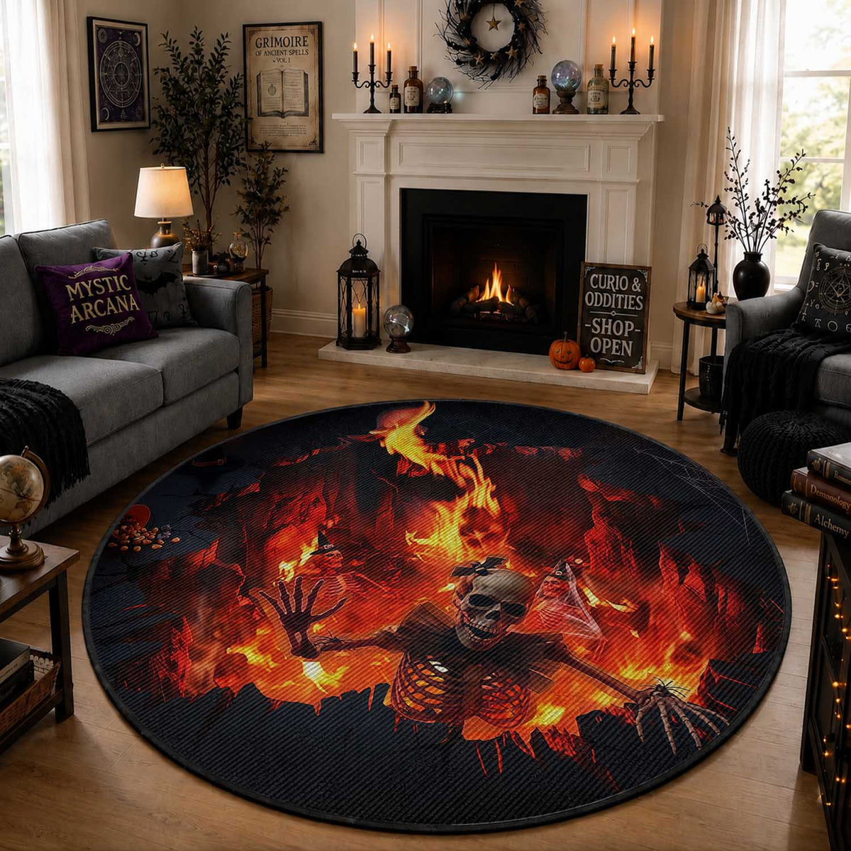 Skeleton Hello From Fiery Hell Pit 3D Halloween Optical Illusion Round Rug