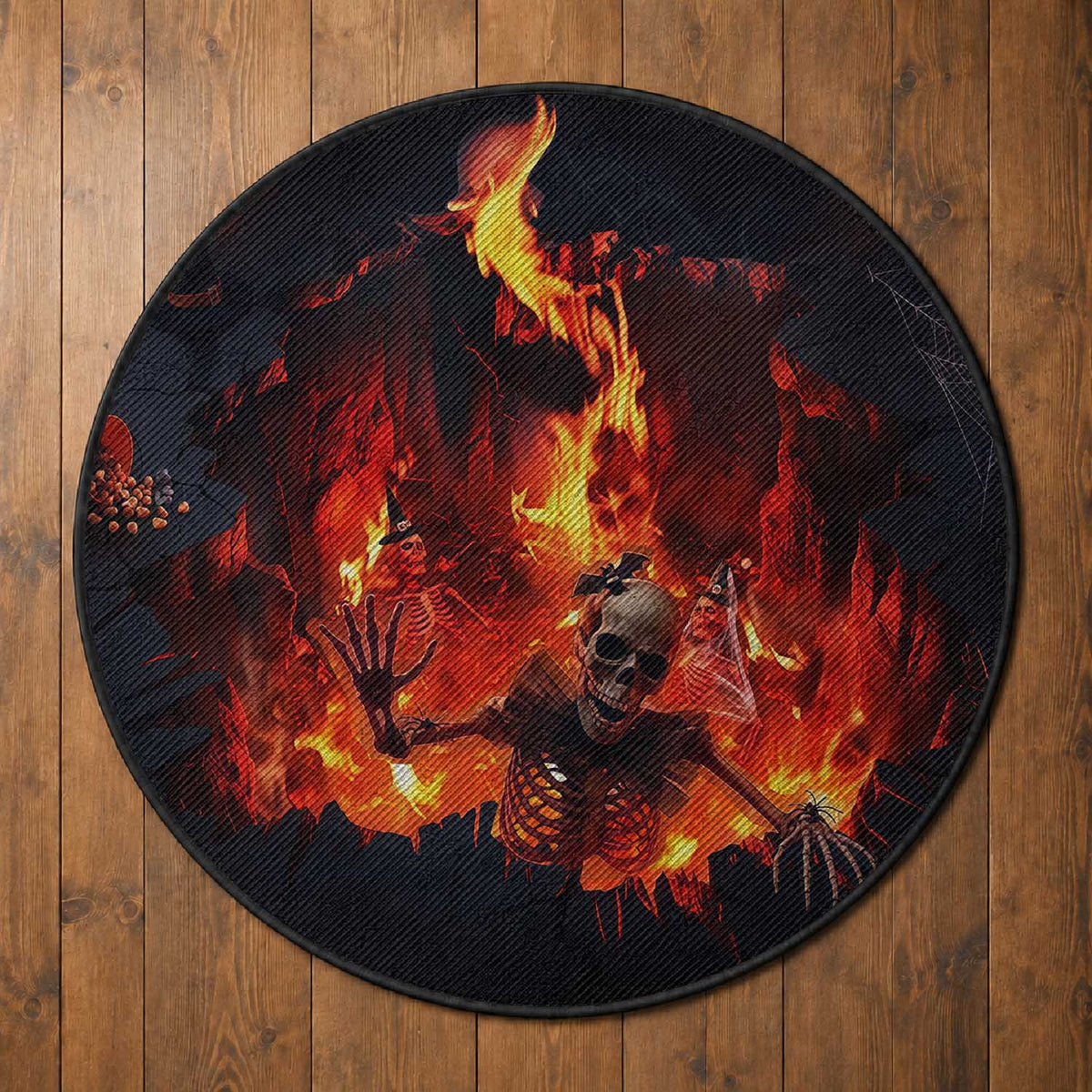 Skeleton Hello From Fiery Hell Pit 3D Halloween Optical Illusion Round Rug